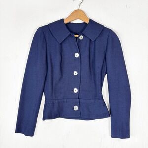 VTG 60s Petti Navy Blue Peplum Blazer Jacket Wide Collar Mod Retro‎